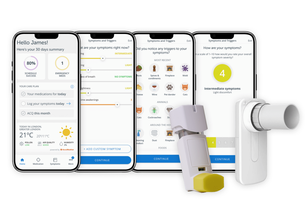 ADH respiratory platform with app screenshots, connected inhaler and Spirometer